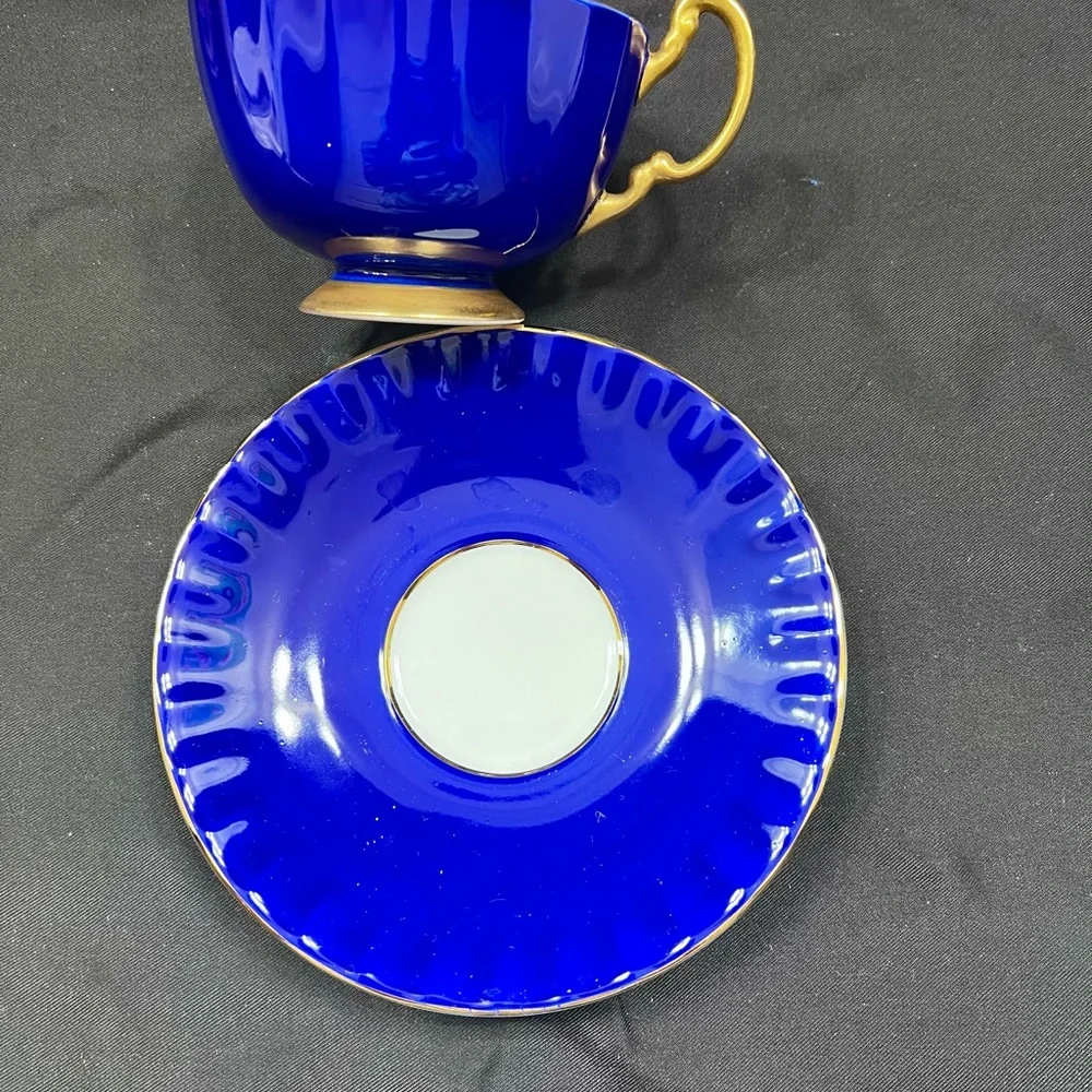 AYNSLEY Cobalt Blue ORCHARD FRUIT England Teacup‎ Cup & Saucer - Vintage